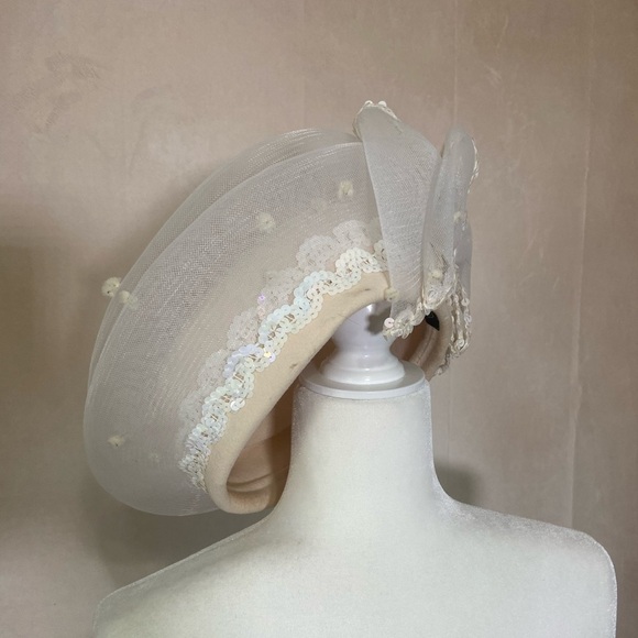 Juan Ell women's vintage cream & white bumper church hat w/ netting and sequins - Picture 3 of 5